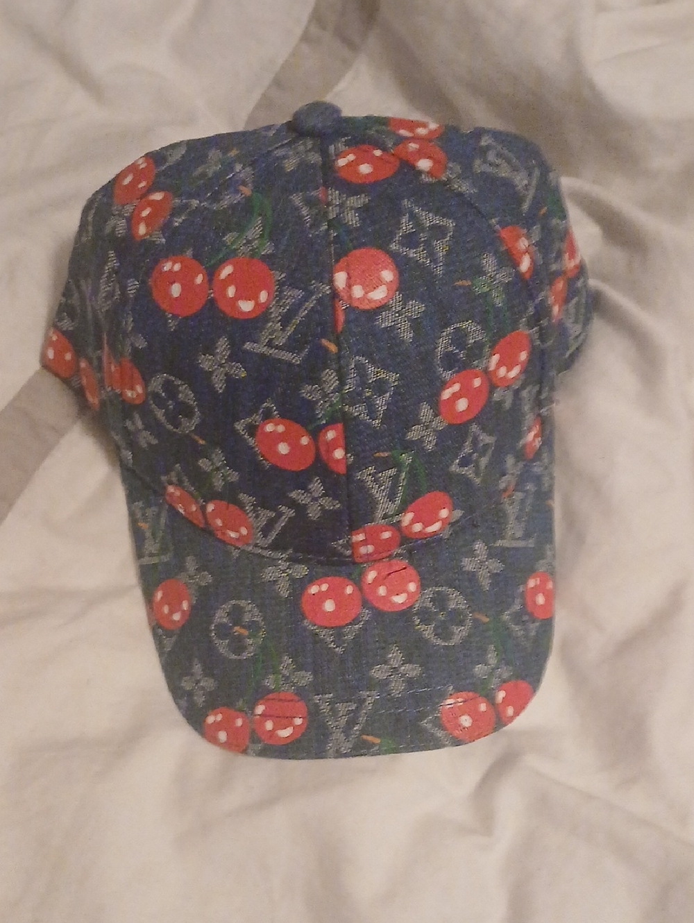 Denim Cherry Print Baseball Cap
